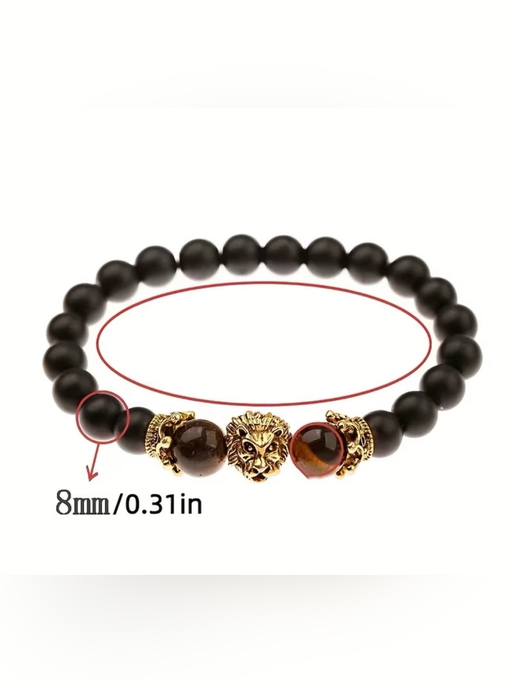Gold Lion Black Bead Stretch Bracelet for Men
